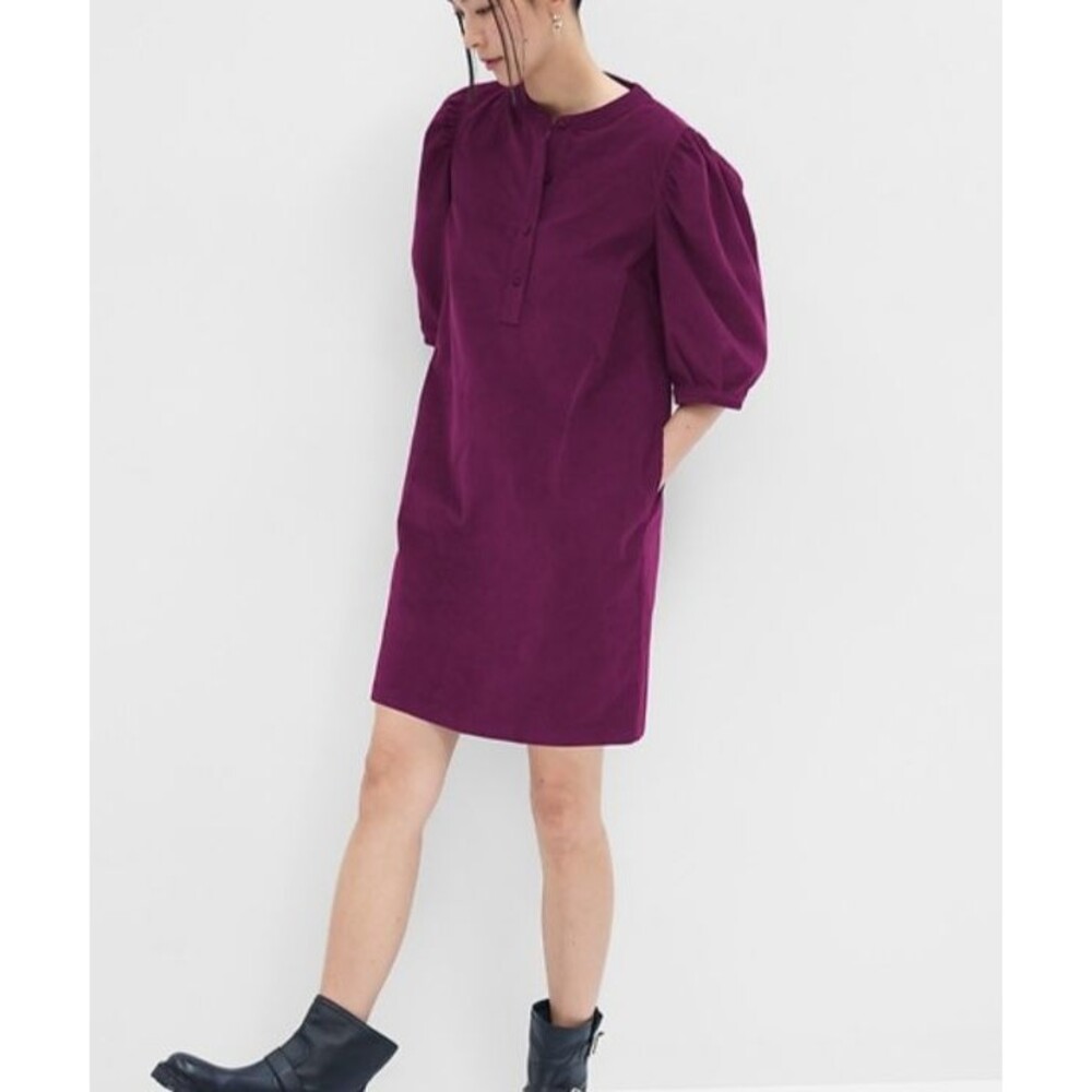 Gap Dress Large Corduroy Puff Sleeve Mini Vibrant Berry Purple Button Pockets